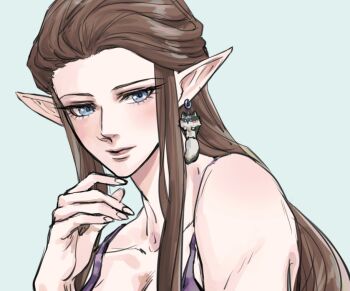 1girl aqua_background bare_shoulders blue_eyes breasts brown_hair cleavage closed_mouth earrings hand_on_own_chin jewelry kurokawa_karasu light_blush link long_hair medium_breasts neck nintendo parted_bangs pointy_ears princess_zelda purple_shirt shirt sidelocks sketch solo spaghetti_strap the_legend_of_zelda the_legend_of_zelda:_twilight_princess upper_body wolf_link