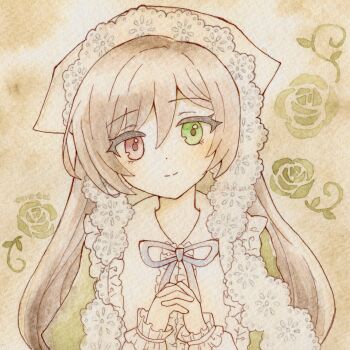 1girl black_ribbon brown_hair closed_mouth commentary_request conachun dot_nose eyelashes flower green_eyes highres long_hair long_sleeves looking_at_viewer painting_(medium) ribbon rose rozen_maiden smile solo suiseiseki traditional_media upper_body veil watercolor_(medium)