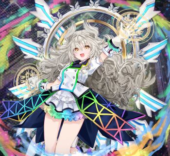 Rule 34 | 1girl, :d, absurdres, arm up, armlet, big hair, boots, buttons, character request, choker, commentary request, curly hair, detached wings, diamond button, double-breasted, duel masters, frilled boots, frilled gloves, frilled skirt, frills, gloves, hair between eyes, hair flaps, highres, jacket, jewelry, jumping, lapels, light blush, magic circle, mechanical wings, miniskirt, open mouth, outstretched arm, pendant choker, print skirt, puffy short sleeves, puffy sleeves, rainbow order, rainbow print, sarasadou dan, short sleeves, skirt, smile, solo, white boots, white choker, white gloves, white jacket, white skirt, wings, yellow eyes