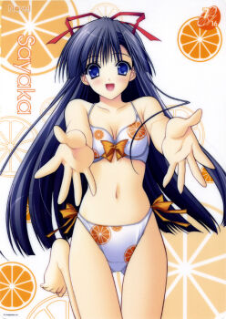 00s 1girl barefoot bikini blue_eyes blue_hair blush bow breasts cleavage feet female_focus food food-themed_clothes food_print fruit fruit_print hair_ribbon leg_lift long_hair matching_hair/eyes medium_breasts nagase_sayaka orange_(fruit) orange_print orange_slice orange_theme outstretched_arms outstretched_hand reaching reference_work ribbon solo soul_link suzuhira_hiro swimsuit very_long_hair
