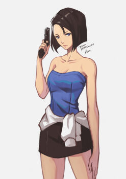 1girl black_skirt blue_eyes blue_tube_top brown_hair clothes_around_waist commentary english_commentary grey_background gun holding holding_gun holding_weapon jill_valentine looking_at_viewer miniskirt phrecklesart resident_evil resident_evil_3:_nemesis signature simple_background sketch skirt strapless sweater sweater_around_waist tube_top weapon