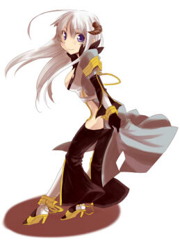 Rule 34 | 1girl, black gloves, black pants, breasts, brown horns, closed mouth, coat, commentary request, full body, gloves, grey coat, halterneck, high heels, horns, kiri nada, long hair, long sleeves, looking at viewer, looking to the side, medium breasts, pants, purple eyes, ragnarok online, shoes, side slit, simple background, smile, solo, suspenders, thighhighs, warlock (ragnarok online), white background, white hair, white thighhighs, yellow shoes