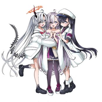 Rule 34 | 3girls, 909 (reverseblue), ahoge, armband, asymmetrical bangs, asymmetrical horns, black boots, black dress, black hair, black shirt, black shoes, black thighhighs, boots, collared shirt, commentary request, double halo, dress, fang, full body, grey eyes, grey hair, halo, hat, heterochromia, horns, jacket, japanese clothes, kimono, long hair, masuta2236, military hat, military jacket, military uniform, minus (reverseblue), multiple girls, murasaki (reverseblue), neckerchief, necktie, off shoulder, open clothes, open jacket, peaked cap, purple trim, red armband, red eyes, red halo, red neckerchief, red necktie, reverseblue x re-birthend, sailor collar, sailor dress, shirt, shoes, short sleeves, skin fang, striped clothes, striped necktie, thighhighs, twintails, very long hair, white dress, white hair, white jacket, white kimono, white sailor collar