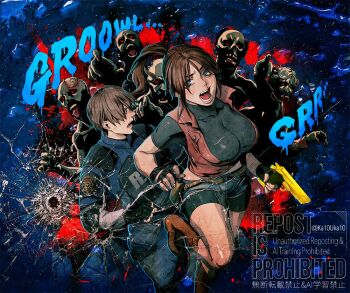 1boy 1girl bike_shorts bike_shorts_under_shorts black_gloves black_shorts blue_shirt boots breasts brown_boots brown_hair bullet_hole bulletproof_vest claire_redfield commentary crop_top curtained_hair denim denim_shorts english_commentary fingerless_gloves furrowed_brow gloves golden_gun gun holding holding_gun holding_weapon katou_teppei large_breasts leon_s._kennedy long_hair midriff open_mouth police police_uniform ponytail red_eyes red_vest resident_evil resident_evil_2 running shirt short_hair short_sleeves shorts shouting trigger_discipline twitter_username vest weapon zombie