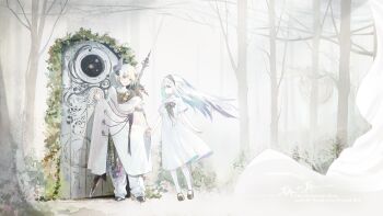 1boy 1girl blue_eyes commentary_request door dress fantasy forest highres holding_hands long_hair looking_at_another nature original robe smile sumi_keiichi white_dress white_hair white_robe white_theme