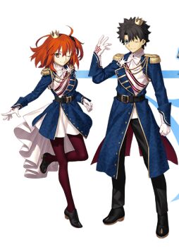 Rule 34 | 1boy, 1girl, ahoge, aiguillette, belt, black belt, black hair, black pants, black shoes, blue eyes, blue gem, blue jacket, bow, bowtie, clenched hand, closed mouth, command spell, crown, dress, epaulettes, fate/grand order, fate (series), fujimaru ritsuka (female), fujimaru ritsuka (female) (halloween royalty), fujimaru ritsuka (male), fujimaru ritsuka (male) (halloween royalty), full body, gem, gloves, hair between eyes, hair ornament, hand up, high heels, jacket, jewelry, lapels, long sleeves, looking at viewer, medal, mini crown, non-web source, official alternate costume, official art, one eye closed, orange hair, pants, pantyhose, pendant, red jacket, red pantyhose, red sash, sash, shirt, shoes, short hair, side ponytail, simple background, smile, standing, standing on one leg, star ornament, transparent background, two-sided fabric, two-sided jacket, white bow, white bowtie, white dress, white gloves, white shirt, yellow eyes