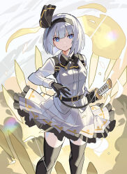Rule 34 | 1girl, alternate costume, belt, black bow, black bowtie, black gloves, black hairband, black ribbon, black thighhighs, blue eyes, blunt bangs, bow, bowtie, breasts, closed mouth, commentary, falken (yutozin), feet out of frame, glint, gloves, grey background, grey hair, hair between eyes, hair ribbon, hairband, highres, katana, konpaku youmu, konpaku youmu (ghost), looking at viewer, medium breasts, revision, ribbon, short hair, smile, solo, sword, thighhighs, touhou, weapon, white hair