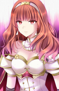 1girl armor aura black_gloves breastplate breasts cape celica_(fire_emblem) celica_(imprisoned_soul)_(fire_emblem) choker cleavage corruption dark_aura dark_persona duma_(fire_emblem) earrings fire_emblem fire_emblem_echoes:_shadows_of_valentia gloves highres intelligent_systems jewelry kirishima_riona long_hair medium_breasts nintendo possessed possession princess red_eyes red_hair solo tiara witch