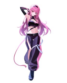 1girl :d absurdres arm_behind_back arm_up armpits black_gloves black_hairband black_pants black_shirt black_shoes blunt_bangs breasts character_name cleavage cleavage_cutout clothes_writing clothing_cutout commentary cropped_shirt elbow_gloves full_body gloves grin hairband headset highres hololive hololive_english large_breasts long_hair looking_at_viewer midriff mori_calliope navel official_alternate_costume open_mouth pants pink_hair puffy_pants shirt shoes sidelocks simple_background sleeveless sleeveless_shirt smile solo star-ring very_long_hair virtual_youtuber white_background