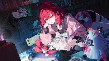 1girl absurdres arm_rest bag_of_chips bangboo_(zenless_zone_zero) black_sailor_collar blunt_bangs blush bottle bow bowtie braid braided_twintails can cardigan chest_bow chips_(food) choker closed_mouth commentary controller drink_can elbow_rest english_commentary food game_controller gamepad green_eyes hair_ornament hair_ribbon hand_on_own_cheek hand_on_own_face handheld_game_console head_on_hand head_rest hearing_aid highres indoors kamanosuke_(zenless_zone_zero) long_hair long_sleeves lying miss_esme_(zenless_zone_zero) nintendo_switch on_stomach pink_cardigan potato_chips raccoon red_hair ribbon sailor_collar skirt snack soda_bottle soda_can solo sphere_hair_ornament striped_clothes striped_thighhighs thighhighs tochigi_1990 twintails ukinami_yuzuha very_long_hair watching_television white_bow white_bowtie zenless_zone_zero