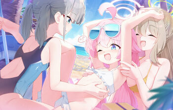 >_< 3girls ahoge back_cutout barefoot beach bikini bikini_bottom_pull bikini_top_lift blue_archive blue_eyes blue_one-piece_swimsuit breasts brown_hair chinese_commentary clothes_lift clothing_cutout commentary_request eyewear_on_head feet green_halo grey_hair halo highres hoshino_(blue_archive) hoshino_(swimsuit)_(blue_archive) innertube large_breasts laughing long_hair multiple_girls nonomi_(blue_archive) nonomi_(swimsuit)_(blue_archive) ocean official_alternate_costume one-piece_swimsuit open_mouth outdoors paid_reward_available painter-lhb pink_hair pink_halo school_swimsuit shiroko_(blue_archive) shiroko_(swimsuit)_(blue_archive) short_hair small_breasts soles spoken_expression stomach sunglasses swim_ring swimsuit tickling toes white_bikini yellow_bikini yuri