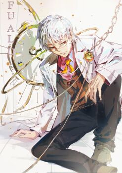 1boy artist_name black_pants chain drugged eiyuu_densetsu ffuald1013 formal_clothes glasses hashtag-only_commentary highres jacket joachim_gunter male_focus open_clothes open_jacket pants red_eyes short_hair sitting smile solo spoilers suit white_background white_hair white_jacket white_suit zero_no_kiseki