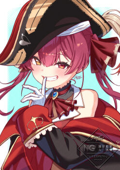 1girl black_hat black_jacket blush cropped_jacket finger_to_mouth hat heterochromia highres hololive houshou_marine houshou_marine_(1st_costume) jacket kisuke_(nie) leotard leotard_under_clothes long_hair looking_at_viewer pirate_hat red_eyes red_hair red_jacket red_ribbon ribbon sleeveless sleeveless_jacket smile solo twintails virtual_youtuber yellow_eyes