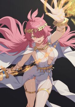 1girl antenna_hair arm_up armpits breasts cape cermia_(epic_seven) dress epic_seven hair_over_one_eye highres holding holding_sword holding_weapon jewelry konjou long_hair looking_at_viewer medium_breasts open_mouth orange_eyes pelvic_curtain pink_hair sleeveless sleeveless_dress smile solo sword thighlet thighs v-shaped_eyebrows weapon white_cape white_dress