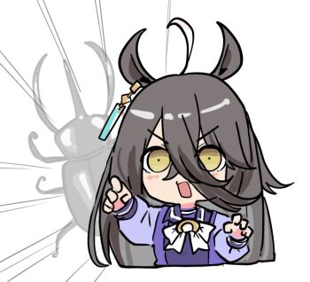 1girl ahoge animal animal_ears animal_request beetle black_hair bow brown_eyes bug claw_pose commentary_request cropped_torso emphasis_lines horse_ears imitating insect kawamochi_(kawauti919) long_hair long_sleeves manhattan_cafe_(umamusume) multicolored_hair open_mouth puffy_long_sleeves puffy_sleeves purple_shirt school_uniform shirt simple_background solo tracen_school_uniform two-tone_hair umamusume upper_body v-shaped_eyebrows very_long_hair white_background white_bow white_hair