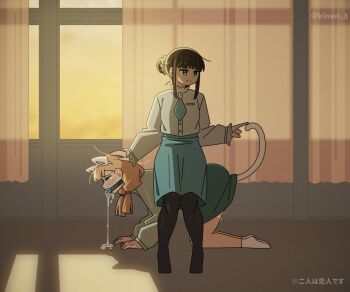 2girls animal_ear_hairband animal_ears bdsm black_pantyhose blue_eyes blue_necktie blue_skirt brown_hair cat_ear_hairband cat_ears closed_mouth commentary_request curtains fake_animal_ears gag gagged green_skirt hair_bun hairband hand_on_another&#039;s_head highres indoors kinsei_3 multiple_girls necktie orange_hair original pantyhose pussy_juice saliva saliva_trail shirt sitting sitting_on_person skirt smile socks twintails twitter_username white_shirt white_socks wiffle_gag yuri