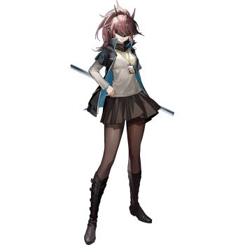 1girl arknights arm_at_side blindfold_mask full_body hand_on_own_hip holding holding_sword holding_weapon horns id_card kang_yiqian_(self_cultivation) katana long_hair mask official_art pantyhose rhodes_island_uniform scabbard sheath sheathed simple_background skirt solo standing sword tachi-e third-party_source transparent_background weapon yato_(arknights)