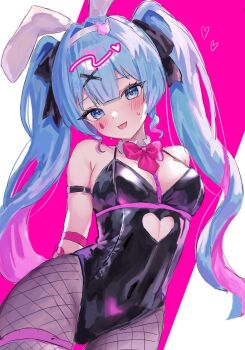 Rule 34 | 1girl, animal ears, arm belt, arm ribbon, black leotard, black ribbon, blue eyes, blue hair, bow, bowtie, breasts, center-flap bangs, clothing cutout, colored inner hair, commentary, detached collar, facial mark, fishnet pantyhose, fishnets, grey pantyhose, hair between eyes, hair ornament, hair ribbon, hairband, hatopopo 10, hatsune miku, heart cutout, highres, leotard, long hair, medium breasts, multicolored hair, pantyhose, pink bow, pink bowtie, pink hair, pink ribbon, playboy bunny, rabbit ears, rabbit hole (vocaloid), ribbon, solo, sweatdrop, teardrop facial mark, thigh strap, tongue, tongue out, twintails, very long hair, vocaloid, white hairband, x hair ornament