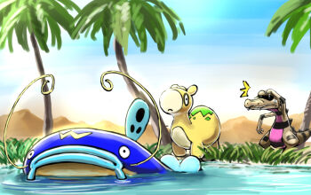 animal_focus arm_up blue_lips blue_sky claws closed_mouth commentary_request crocodilian day desert fangs fish gen_3_pokemon gen_5_pokemon grass kaosu_(kaosu0905) krokorok nintendo no_humans nostrils notice_lines numel oasis outdoors palm_tree pokemon pokemon_(creature) pokemon_focus sand sky standing sweatdrop tree water whiscash whiskers