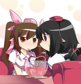 2girls black_hair blush brown_eyes brown_hair drinking drinking_straw embarrassed eye_contact female_focus glass hat heart himekaidou_hatate jitome long_hair looking_at_another multiple_girls necktie pointy_ears red_eyes sesield shameimaru_aya shared_drink sharing short_hair sweatdrop tokin_hat touhou twintails wings