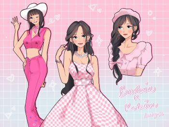 Rule 34 | 1girl, barbie (character), barbie (character) (cosplay), barbie (franchise), barbie (live action), black hair, blue eyes, blunt bangs, blush, braid, braided ponytail, checkered clothes, checkered dress, commentary, cosplay, dress, earrings, extra arms, hana hana no mi, heart, highres, jewelry, long hair, multiple views, neckerchief, necklace, nico robin, one piece, pants, pink dress, pink neckerchief, pink pants, ria (917 ria), salute, side ponytail, smile, sparkle