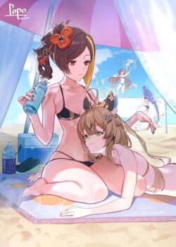 4girls :3 alternate_costume animal_ears asymmetrical_sidelocks ball beach beachball bikini blonde_hair brown_hair cat_ears chiori_(genshin_impact) commentary_request drill_hair drill_ponytail genshin_impact green_eyes hair_ornament hair_stick highres jpeg_artifacts kirara_(genshin_impact) long_hair mavuika_(genshin_impact) multicolored_hair multiple_girls popo_(mochimai275642) raiden_shogun red_eyes sidelocks swimsuit