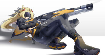 1girl absurdres black_pants black_shrug blindfold_mask blonde_hair camouflage camouflage_jacket camouflage_pants covered_eyes fingerless_gloves gloves glowing_mask gun gunblade hair_ornament highres jacket latex_pants long_hair mask pants ponytail rifle shrug_(clothing) sniper_rifle solo tight_clothes tight_pants triangle_hair_ornament trigger_(zenless_zone_zero) weapon white_background yunmo_(znfc8352) zenless_zone_zero zipper_pull_tab