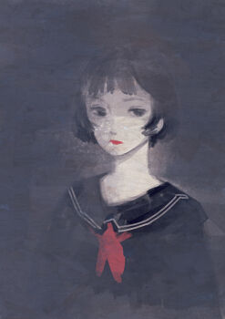 1girl bangqiao_yan black_eyes black_hair black_sailor_collar blunt_bangs bob_cut chest_bow expressionless looking_at_viewer original portrait red_lips sailor_collar short_hair solo straight-on upper_body