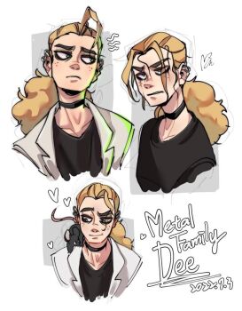 Rule 34 | 3boys, black shirt, blue eyes, choker, dee (metal family), hair tie, heart, heart print, jacket, long hair, male focus, metal family, mouse, multiple boys, shirt, title, white jacket