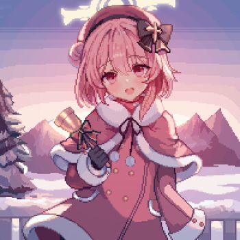 1girl :d bell_ringing beret black_gloves blue_archive blush bow buttons capelet christmas coat commentary cross double-breasted double-parted_bangs dress feather_hair_ornament feathers fur-trimmed_capelet fur-trimmed_dress fur-trimmed_sleeves fur_trim gloves hair_bun hair_ornament halo hat hat_bow looking_at_viewer medium_hair mountain mountainous_horizon open_mouth pc-98_(style) pink_eyes pink_hair pixel_art pom_pom_(clothes) red_capelet red_coat red_dress red_hat serina_(blue_archive) serina_(christmas)_(blue_archive) single_hair_bun smile snow solo sunrise tinia_etru tree upper_body