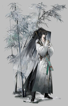 1boy absurdres black_hair chinese_clothes chinese_hat collarbone commentary crossed_arms english_commentary full_body gourd grey_background hair_between_eyes highres holding holding_sword holding_weapon male_focus official_art ponytail qiuyuan_(wuthering_waves) secretfj520 simple_background solo standing sword weapon wuthering_waves