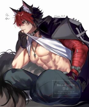 1boy abs animal_ear_piercing animal_ears bandaged_arm bandages black_choker black_hair black_jacket choker clothes_lift commentary_request dog_boy dog_ears dog_tail highres jacket jewelry komano_manato lifting_own_clothes male_focus min_(kmn_aria) multicolored_hair necklace red_bandage red_hair shirt shoes skirt skirt_lift tail white_shirt white_shoes zenless_zone_zero
