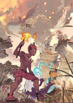 Rule 34 | 2boys, alolan form, alolan marowak, arcanine, cloud, cubone, dark-skinned male, dark skin, e volution, fire, from below, gen 1 pokemon, gen 2 pokemon, gen 4 pokemon, gen 6 pokemon, gen 7 pokemon, happiny, highres, hiker (pokemon), holding, holding torch, jewelry, kangaskhan, kiawe (pokemon), knees, magby, male focus, multiple boys, necklace, nintendo, outdoors, pokemon, pokemon (creature), pokemon sm, red shorts, salandit, salazzle, sandals, shorts, sky, standing, talonflame, toes, topless male, torch, watermark