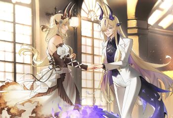 2girls absurdres alternate_costume arknights artist_request bare_shoulders black_dress black_shirt black_sleeves blonde_hair collared_shirt commentary commission cowboy_shot detached_sleeves dragon_girl dragon_horns dragon_tail dress earrings english_commentary fire flame-tipped_tail green_eyes hair_over_one_eye highres holding_hands horns incest indoors jacket jewelry long_hair long_sleeves multicolored_hair multiple_girls necrass_(arknights) off-shoulder_dress off_shoulder one_eye_covered pants purple_streaks reed_(arknights) second-party_source shirt siblings sisters smile streaked_hair suit_jacket tail tuxedo very_long_hair white_jacket white_pants window yuri
