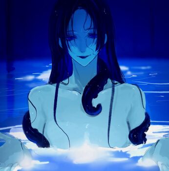 1girl black_hair chainsaw_man highres i&#039;ll_teach_you_everything_(chainsaw_man) looking_at_viewer partially_shaded_face partially_submerged path_to_nowhere pool scene_reference shin_(path_to_nowhere) solo tentacles topless_female water zznuru