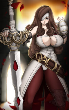 1girl arm_armor beatrix_(ff9) belt blurry blurry_background bodysuit breasts brown_belt brown_eyes cleavage collarbone commentary doorway duster english_commentary eyepatch falling_petals fingerless_gloves fire gauntlets gloves greatsword hair_over_breasts hair_over_one_eye hair_over_shoulder hand_up highres holding holding_sword holding_weapon large_breasts leggings leotard lipstick long_hair looking_at_viewer makeup mask_over_one_eye petals pink_lips red_petals rose_petals save_the_queen sidelocks silver_eyepatch sleeveless sleeveless_duster sword thighhighs weapon white_leotard xiii