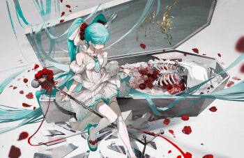 1girl aqua_bow aqua_hair aqua_nails aqua_necktie bare_shoulders blood blood_on_clothes blurry bow broken_glass coffin crown depth_of_field detached_sleeves dress flower footwear_bow full_body glass grey_background hair_flower hair_ornament hair_over_eyes hatsune_miku highres holding holding_microphone_stand knee_up long_hair looking_down microphone_stand mini_crown nail_polish necktie outstretched_hand outstretched_leg petals pleated_skirt puffy_sleeves red_flower red_ribbon red_rose ribbon rose rose_petals rumoon shiroi_yuki_no_princess_wa_(vocaloid) sitting skeleton skirt sleeveless sleeveless_dress solo thighhighs train_(clothing) twintails very_long_hair vocaloid white_dress white_flower white_footwear white_rose white_thighhighs zettai_ryouiki