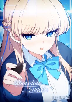 Rule 34 | 1girl, artist name, blonde hair, blue archive, blue bow, blue bowtie, blue cardigan, blue eyes, bowtie, cardigan, chocolate, korean text, long hair, looking at viewer, open mouth, samess 333, scarf, shirt, solo, toki (blue archive), toki (school uniform) (blue archive), twitter, upper body, white shirt