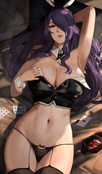 1girl animal_ears bare_shoulders black_panties breasts camilla_(fire_emblem) cleavage fire_emblem fire_emblem_fates garter_straps hair_over_one_eye highres j@ck large_breasts long_hair navel nintendo nontraditional_playboy_bunny panties playboy_bunny purple_eyes purple_hair rabbit_ears solo stomach strapless thighs underwear very_long_hair wavy_hair