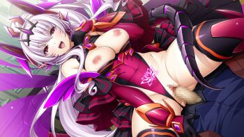 1boy 1girl :d abystia_dragoon black_gloves black_tiara breasts breasts_out bright_pupils censored clothing_aside corruption covered_navel dark_persona detached_sleeves dutch_angle elbow_gloves energy_wings floating_hair game_cg girl_on_top gloves glowing glowing_tattoo headgear hetero highleg highleg_leotard horns inoino kouyoku_senki_exs-tia large_breasts large_variant_set leotard leotard_aside long_hair looking_at_viewer mosaic_censoring nipples non-web_source official_art open_mouth penis pointy_ears pubic_tattoo pubic_tattoo_through_clothing purple_wings pussy red_eyes red_leotard rieszverne_suzette_paladill sex slit_pupils smile solo_focus tail tattoo thighhighs tiara vaginal variant_set very_long_hair white_hair white_pupils wings