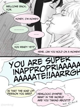 1boy 1girl azmkmgi_en black_hair closed_eyes couple earrings english_text half-closed_eyes hand_on_another's_neck hetero highres imminent_kiss jewelry light_smile long_hair looking_at_another parted_lips short_hair sidelocks spy_x_family twilight_(spy_x_family) twitter_username updo yor_briar