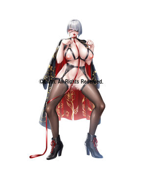 1girl aftersex ankle_boots black_thighhighs boots breasts collar cum cum_on_body cum_on_lower_body earrings eyepatch female_focus full_body garter_belt garter_straps grey_hair hido_rei high_heel_boots high_heels highres inverted_nipples jamboyama jewelry large_breasts leash lilith-soft looking_at_viewer nipples open_clothes paw_pose pet_play red_eyes shiny_clothes shiny_skin short_hair simple_background smile taimanin_(series) taimanin_rpgx thighhighs tongue tongue_out white_background wide_hips