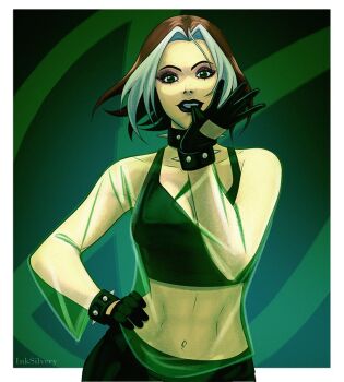 1girl breasts brown_hair colored_bangs gloves green_eyes inksilvery looking_at_viewer marvel multicolored_hair rogue_(x-men) smile solo two-tone_hair white_hair x-men x-men_evolution