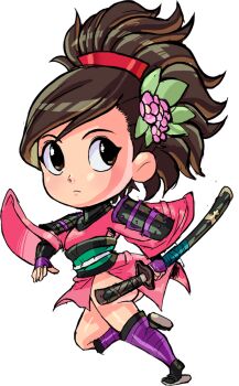 armor ass bottomless brown_eyes brown_hair chibi flower geta gluteal_fold hair_flower hair_ornament japanese_armor japanese_clothes katana kimono looking_back momohime obi oboro_muramasa pauldrons pink_kimono ponytail sandals sash shoulder_armor sode sword teevo thighhighs weapon