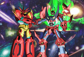 crossover galaxy getter_emperor getter_rays getter_robo getter_robo_g getter_robo_go glowing glowing_eyes handshake highres mecha new_getter_robo no_humans robot shin_getter_robo space spiral_power super_robot tengen_toppa_gurren-lagann_(mecha) tengen_toppa_gurren_lagann type_x weapon yellow_eyes