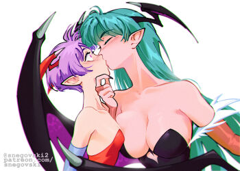 2girls age_difference asymmetrical_docking bare_shoulders black_leotard blush breast_press breasts capcom cleavage collarbone demon_girl demon_wings detached_sleeves fingernails food from_side fruit green_hair head_wings heart_leotard highres incest kiss large_breasts leotard lilith_(darkstalkers) long_hair morrigan_aensland multiple_girls nail_polish older_female_and_younger_female onee-loli orange_(fruit) orange_slice pink_hair pointy_ears profile red_leotard selfcest sharp_fingernails shiny_clothes shiny_skin siblings sisters small_breasts snegovski surprised upper_body darkstalkers white_background wings yuri