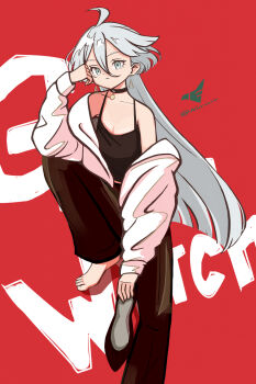 1girl ahoge artist_name barefoot black_choker black_pants black_shirt black_shoes blunt_ends choker coat coat_partially_removed earrings grey_eyes grey_hair gundam gundam_suisei_no_majo hair_between_eyes head_on_hand highres holding holding_shoes holding_unworn_clothes jewelry long_hair long_sleeves looking_at_viewer miorine_rembran norixio pants pendant_choker red_background shirt shoes solo spaghetti_strap twitter_username unworn_shoes white_coat