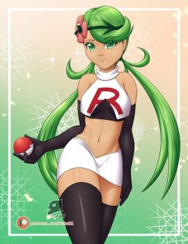1girl bare_shoulders breasts buho01 crop_top dark-skinned_female dark_skin elbow_gloves flower gloves green_eyes green_hair hair_flower hair_ornament highres long_hair mallow_(pokemon) nintendo pokemon pokemon_(anime) pokemon_sm_(anime) sleeveless team_rocket team_rocket_uniform thighhighs twintails very_long_hair