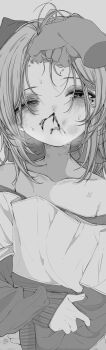 1boy 1girl abuse bags_under_eyes bare_shoulders blood blood_from_mouth blood_on_face bow breath bruise bruised_eye collarbone commentary cropped_shirt disembodied_hand domestic_violence empty_eyes fingernails grabbing_another&#039;s_hair grey_background greyscale hair_bow half-closed_eye highres holding_another&#039;s_hair holding_own_arm injury layered_sleeves long_hair long_sleeves looking_at_viewer messy_hair monochrome mushoku_loli mushoku_loli_(character) nosebleed one_eye_closed original pov pov_hands ryona scar scar_on_face scar_on_forehead short_over_long_sleeves short_sleeves sidelocks simple_background sleeves_past_wrists strangulation_mark sweat sweatdrop