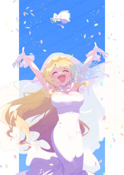 Rule 34 | 1girl, :d, ^ ^, bare shoulders, blonde hair, blush, breasts, closed eyes, cloud, commentary request, confetti, dress, feet out of frame, highres, large breasts, long hair, magia record: mahou shoujo madoka magica gaiden, mahou shoujo madoka magica, open mouth, serizawa serizane, smile, solo, standing, strapless, strapless dress, togame momoko, veil, watermark, white dress, white veil
